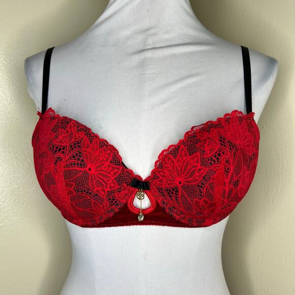 Daisy Fuentes Push Up Bra 36B Red Lace Sexy Velvet Underwire Padded Romantic - Picture 1 of 10